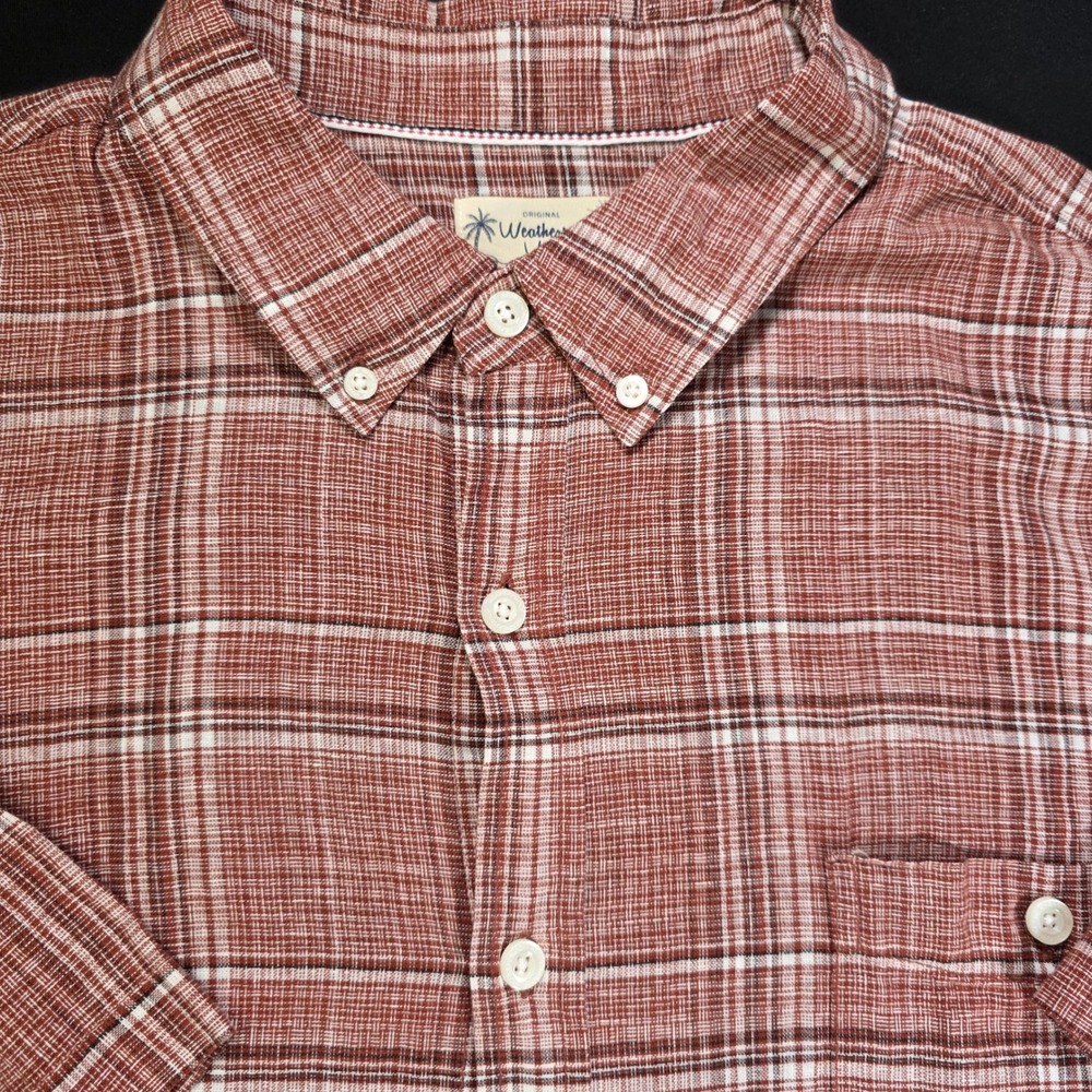 Weatherproof Vintage Mens XXL Linen‎ Blend Plaid Short Sleeve Shirt Rust Red